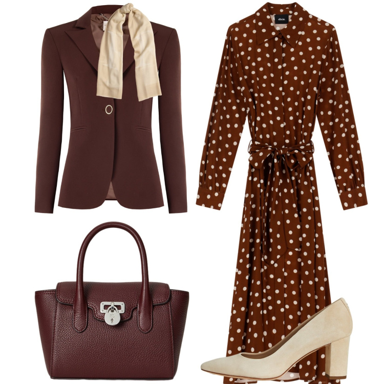 Outfit donna - Total look #2258740. Stile Vintage retrò per Scuola/Università. Abbinamento con blazer, vestiti, décolleté, borse a mano, sciarpe.