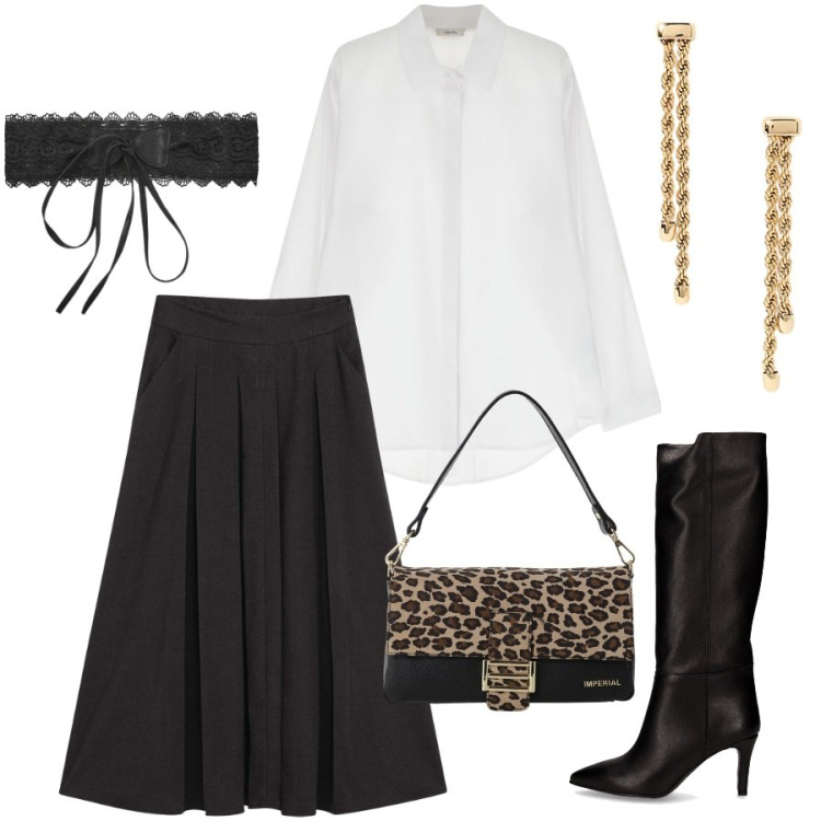 Outfit donna - Gonna e stivali. Stile Glamour per Serata fuori. Abbinamento con gonne longuette, cinture, borse a spalla, camicie, orecchini, stivali.