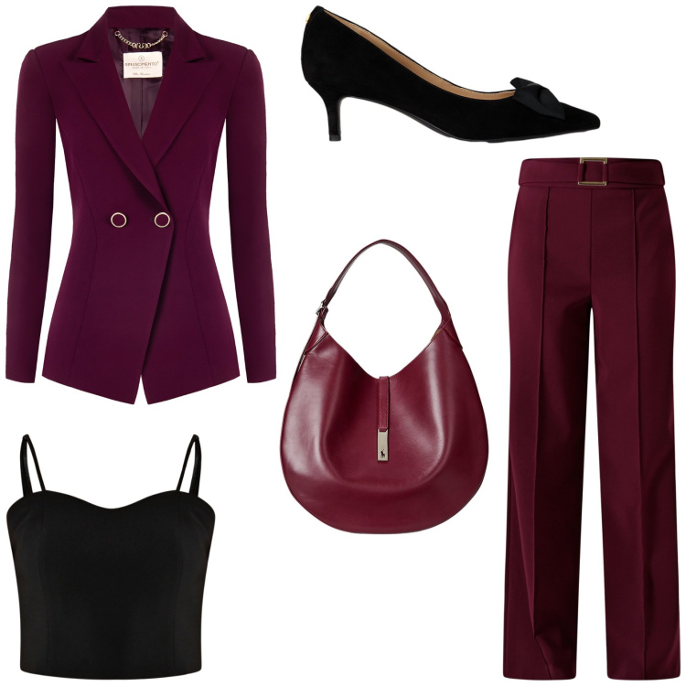 Outfit donna - Look impeccabile. Stile Chic per Serata fuori. Abbinamento con pantaloni, top, blazer, borse a spalla, décolleté.