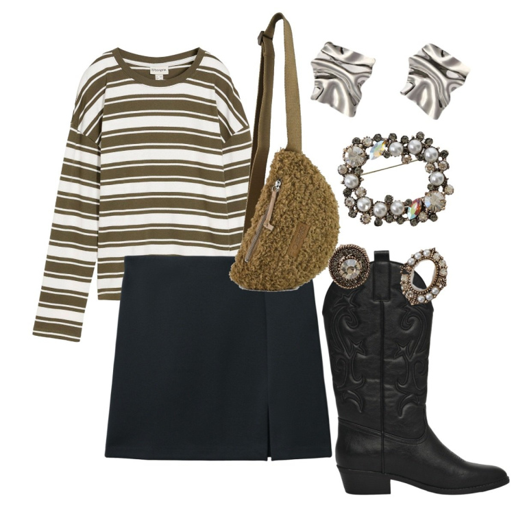 Outfit donna - Gonna, stivali, spilla. Stile Sexy per Tutti i giorni. Abbinamento con maglieria, stivaletti texani, minigonne, cappotti, marsupi, orecchini.