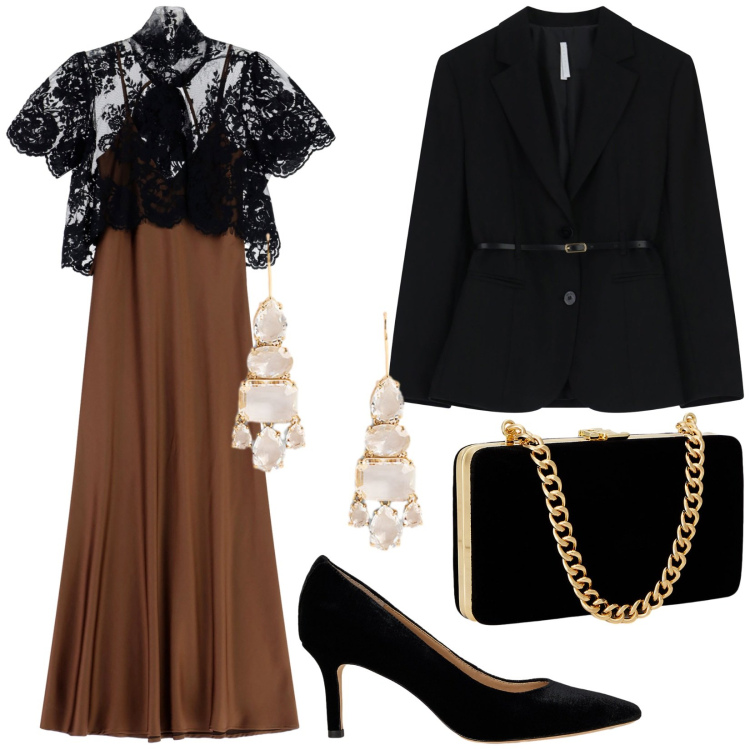 Outfit donna - Total look #2258745. Stile Glamour per Cerimonia. Abbinamento con vestiti lunghi, blazer, clutch, orecchini, décolleté.