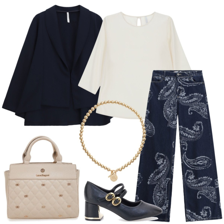 Outfit donna - Il jeans decorato. Stile Casual chic per Tutti i giorni. Abbinamento con jeans, bluse, blazer, collane, borse a mano, décolleté.