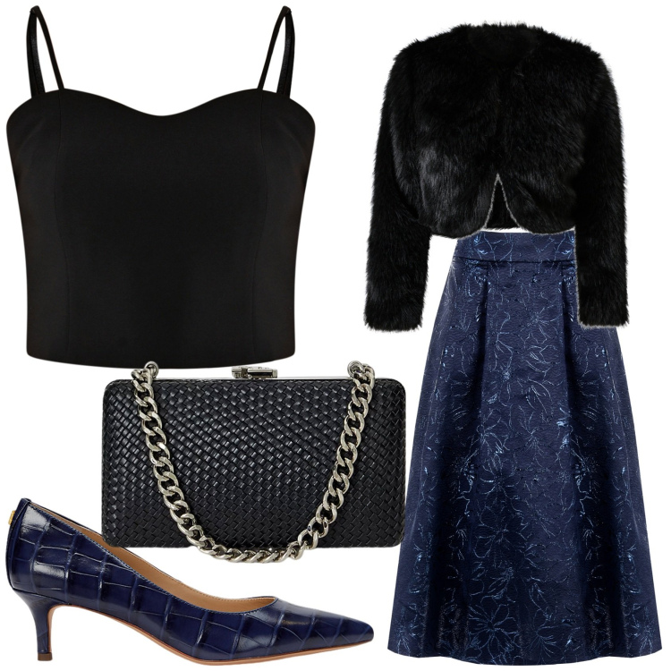 Outfit donna - Blu e nero per la sera. Stile Romantica per Serata fuori. Abbinamento con gonne longuette, top, blazer, décolleté, clutch.
