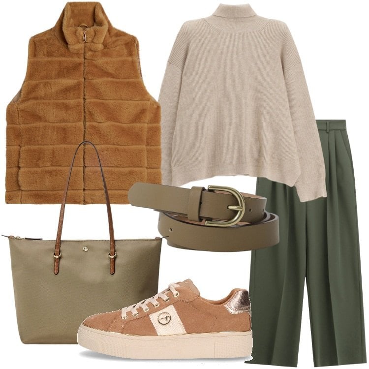 Outfit donna - Maglioni avvolgenti - Focus Donna Curvy. Stile Casual chic per Tutti i giorni. Abbinamento con maglieria, cinture, pantaloni a palazzo, gilet, borse tote, sneakers.