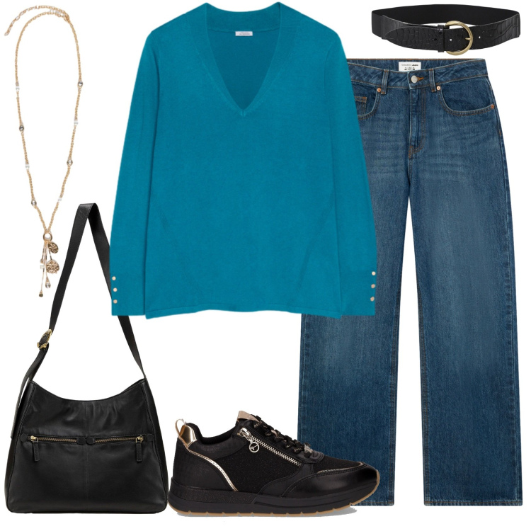 Outfit donna - Ottanio per il tempo libero. Stile Casual per Tutti i giorni. Abbinamento con borse a mano, jeans, cinture, maglieria, ciondoli, sneakers.