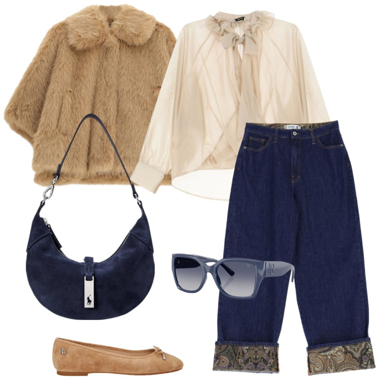 Outfit donna - Tempo libero. Stile Casual chic per Tutti i giorni. Abbinamento con blazer, jeans, bluse, ballerine, borse a spalla, occhiali da sole.