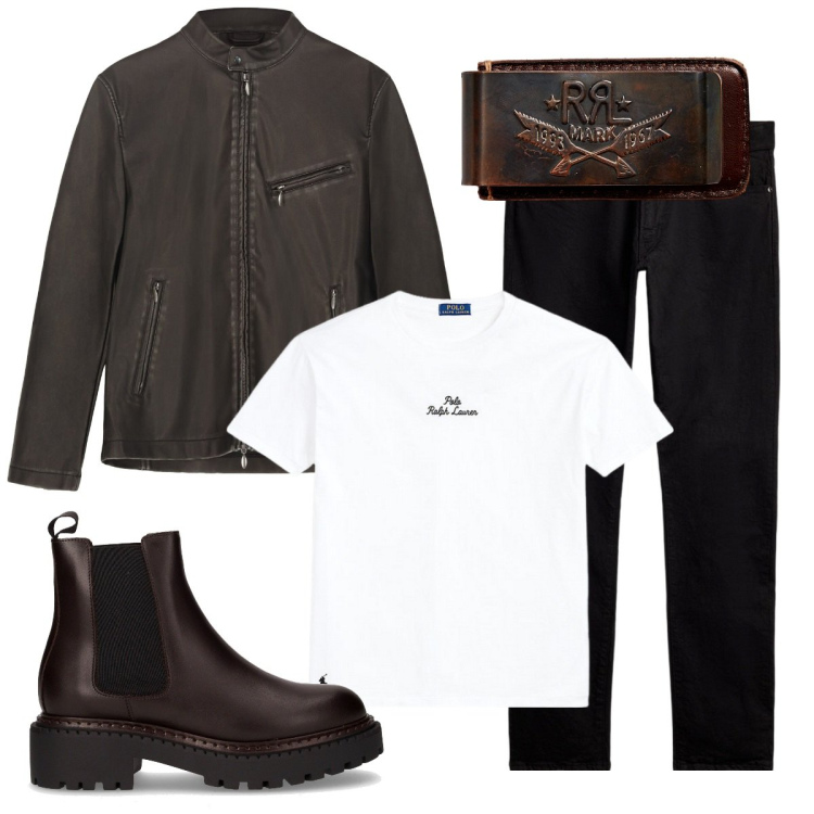 Outfit uomo - Total look #2258753. Stile Biker Rock per Serata speciale. Abbinamento con portafogli, t-shirt, jeans, stivali e stivaletti, giacche.