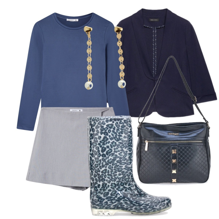 Outfit donna - Mi diverto anche quando piove!. Stile Urban per Tutti i giorni. Abbinamento con orecchini, t-shirt, minigonne, stivali di gomma, borse a tracolla, blazer.