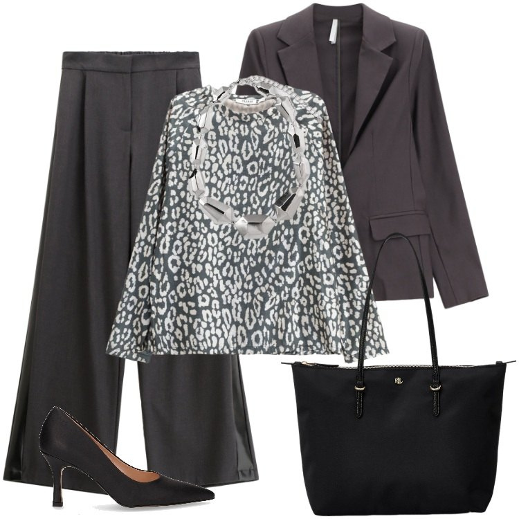 Outfit donna - Total look #2258756. Stile Chic per Ufficio. Abbinamento con maglieria, pantaloni, blazer, borse tote, décolleté, ciondoli.