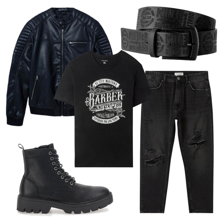 Outfit uomo - Total look #2258757. Stile Biker Rock per Serata speciale. Abbinamento con cinture, jeans strappati, giacche, t-shirt, anfibi.