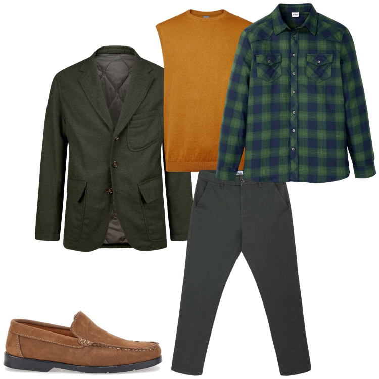 Outfit uomo - Total look #2258762. Stile Trendy per Tutti i giorni. Abbinamento con camicie, pantaloni chino, gilet, giacche, scarpe stringate.