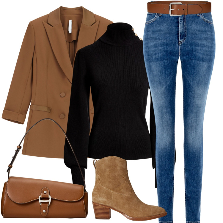 Outfit donna - Fall casual. Stile Urban per Tutti i giorni. Abbinamento con jeans skinny, blazer, maglieria, stivaletti, cinture, borse a spalla.