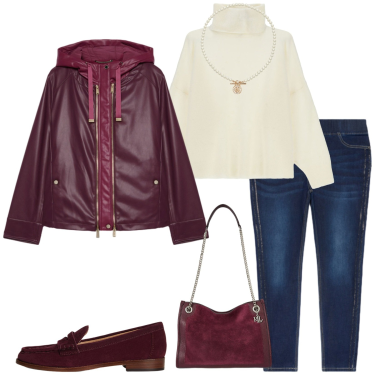 Outfit donna - Total look #2258777. Stile Casual per Tutti i giorni. Abbinamento con maglieria, mocassini, ciondoli, borse tote, giacche, jeggings.