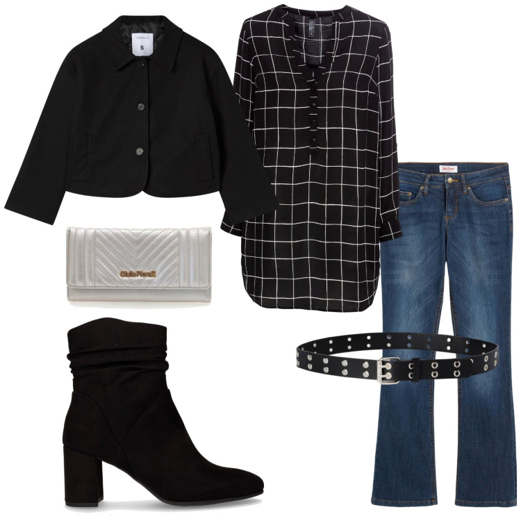 Outfit donna - Total look #2258778. Stile Casual per Tutti i giorni. Abbinamento con jeans bootcut, bluse, cinture, blazer, portafogli, stivaletti.