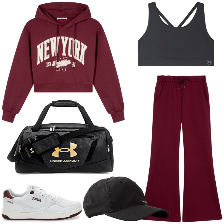 Outfit donna - Bordeaux di tendenza in palestra. Stile Sporty chic per Sport. Abbinamento con cappelli con visiera, pantaloni, felpe con cappuccio, canottiere, sneakers, borse sportive.