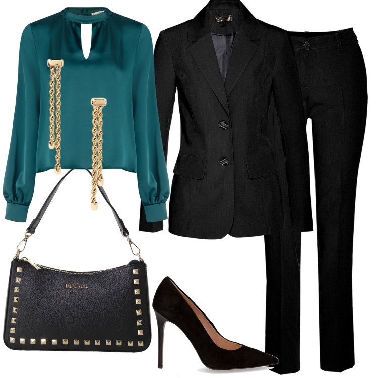 Outfit donna - Compleanno 40 anni. Stile Glamour per Serata fuori. Abbinamento con giacche, bluse, pantaloni a palazzo, pochette, orecchini, décolleté.