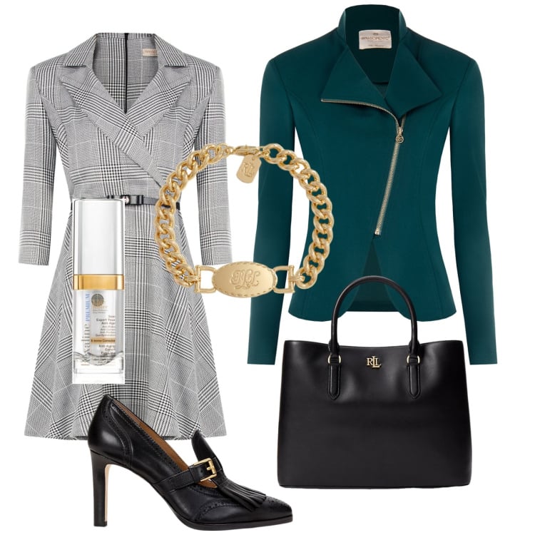 Outfit donna - Chiudiamo l\'affare. Stile Chic per Ufficio. Abbinamento con correttori, vestiti corti, blazer, décolleté, borse a mano, braccialetti.