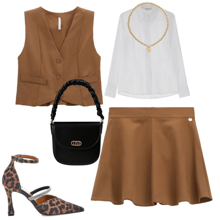 Outfit donna - Ottobre. Stile Urban per Tutti i giorni. Abbinamento con borse a mano, gilet, minigonne, camicie, collane, décolleté.