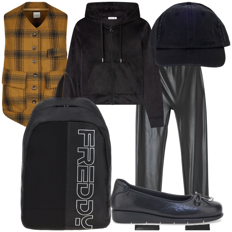 Outfit donna - Breve viaggio con gilet. Stile Trendy per Tutti i giorni. Abbinamento con treggings, felpe con cappuccio, zaini, cappelli con visiera, gilet, ballerine.