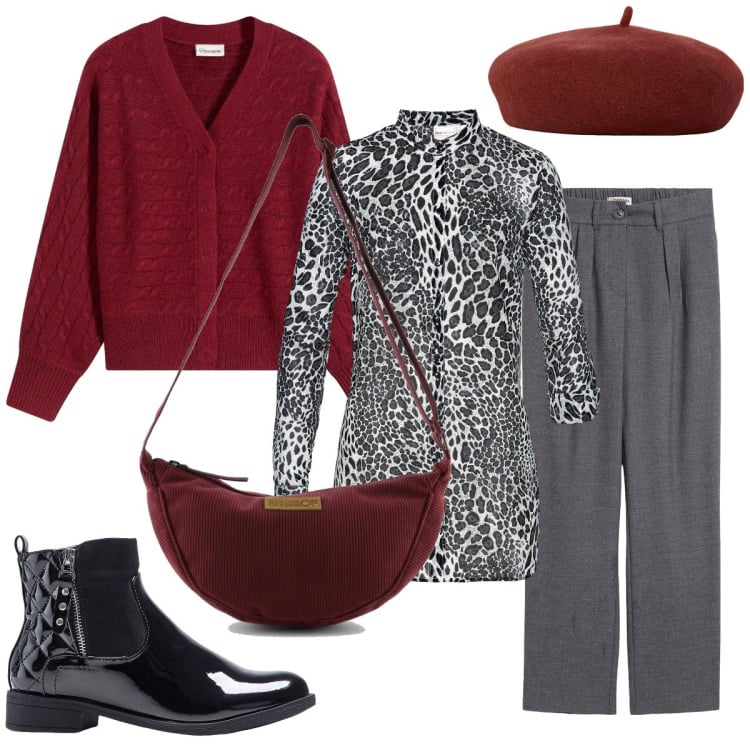 Outfit donna - Stile parigino. Stile Casual chic per Ufficio. Abbinamento con pantaloni, cardigans, camicie, stivaletti, borse a tracolla, cappelli e berretti.