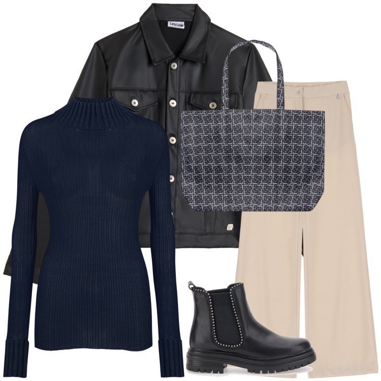 Outfit donna - Tutti i giorni. Stile Basic per Tutti i giorni. Abbinamento con pantaloni, giacche, stivaletti chelsea, maglieria, shopping bag.