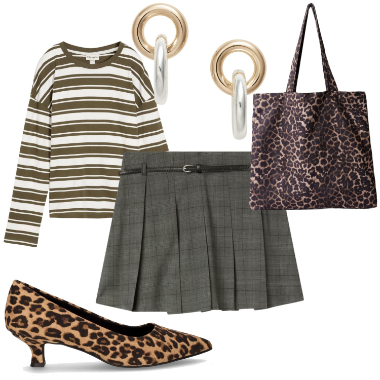 Outfit donna - Righe quadri e animalier. Stile Trendy per Tutti i giorni. Abbinamento con maglieria, minigonne, shopping bag, orecchini, décolleté.