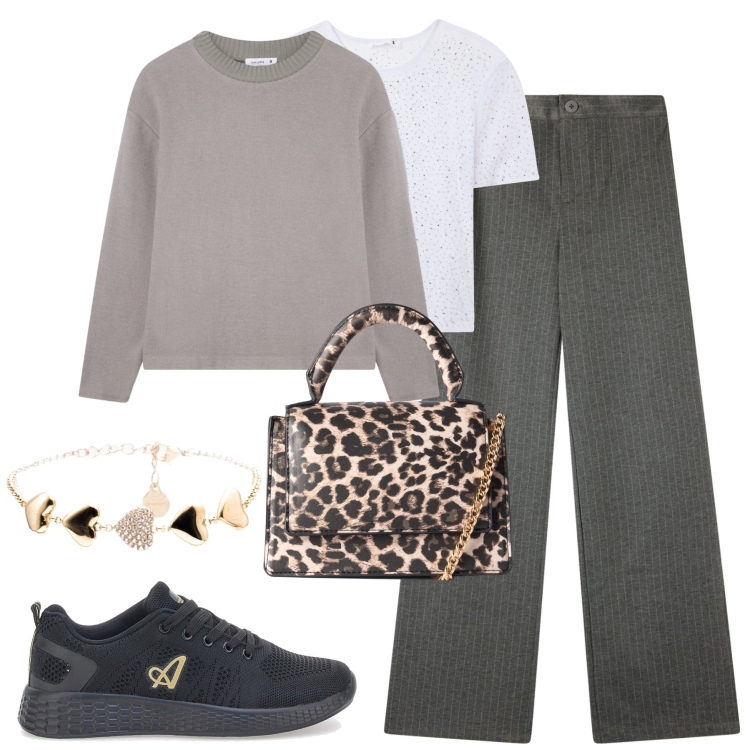 Outfit donna - Ottobre. Stile Casual chic per Tutti i giorni. Abbinamento con t-shirt, maglieria, pantaloni, borse a tracolla, braccialetti, sneakers.