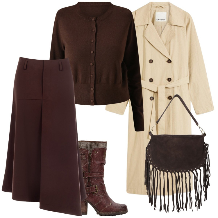 Outfit donna - Total look #2258800. Stile Casual per Tutti i giorni. Abbinamento con stivali, trench, gonne longuette, cardigans, borse a tracolla.