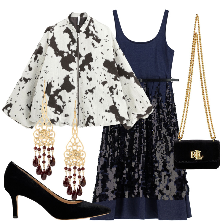 Outfit donna - Il ristorante elegante del sabato sera. Stile Glamour per Serata fuori. Abbinamento con vestiti midi/longuette, bomber, orecchini, pochette, décolleté.