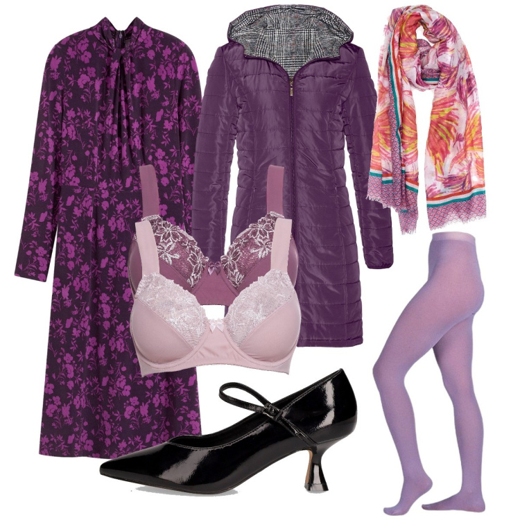 Outfit donna - Sui toni del viola. Stile Bon Ton per Serata fuori. Abbinamento con blazer, reggiseni, vestiti midi/longuette, collant, décolleté, sciarpe.