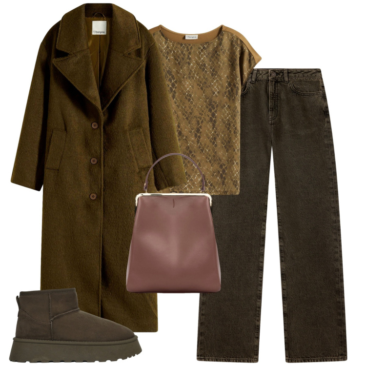 Outfit donna - Total look #2258807. Stile Casual chic per Tutti i giorni. Abbinamento con cappotti, maglieria, jeans dritti, stivali, borse a spalla.