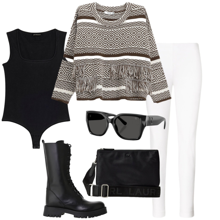 Outfit donna - Stamattina. Stile Casual per Tutti i giorni. Abbinamento con maglieria, body, stivali, pantaloni skinny, borse a tracolla, occhiali da sole.