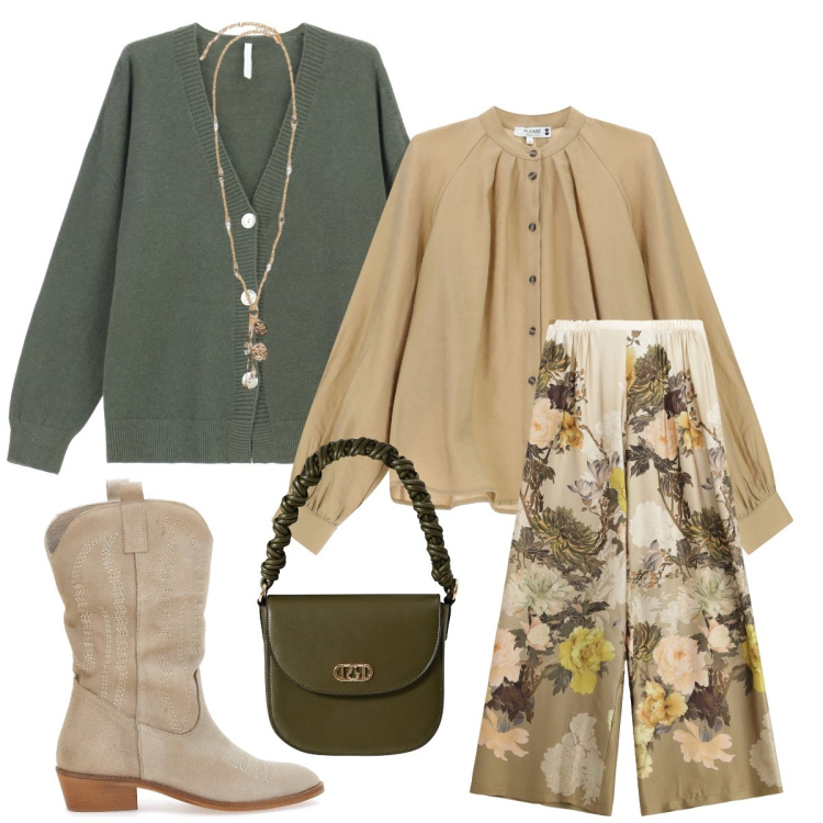 Outfit donna - Stile romantico. Stile Romantica per Serata fuori. Abbinamento con camicie, borse a mano, pantaloni a palazzo, cardigans, ciondoli, stivaletti texani.