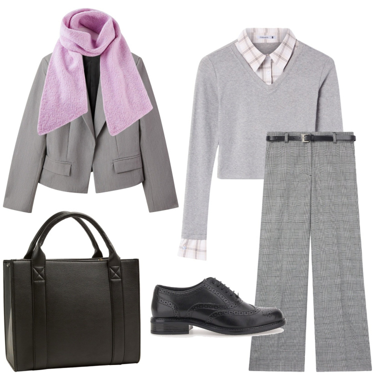 Outfit donna - Total look #2258812. Stile Casual chic per Ufficio. Abbinamento con sciarpe, pantaloni, maglieria, blazer, borse tote, scarpe stringate.
