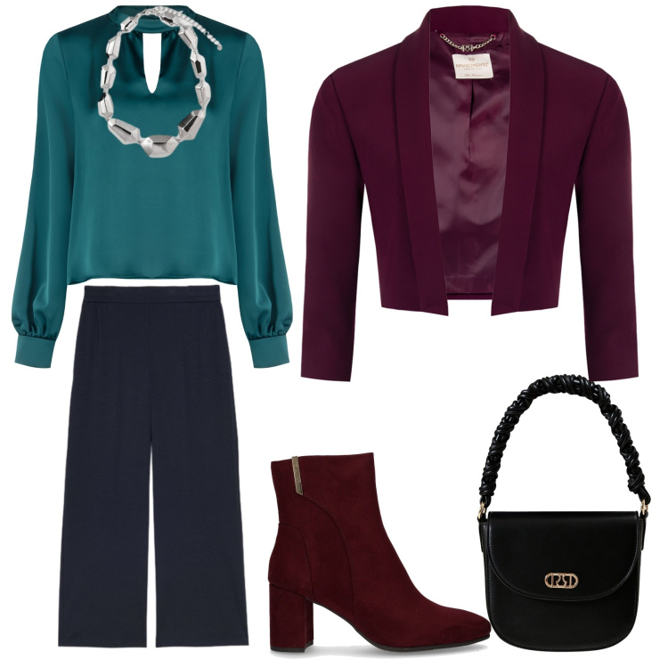 Outfit donna - Ottanio e bordeaux. Stile Casual chic per Ufficio. Abbinamento con bluse, blazer, borse a mano, stivaletti, pantaloni, ciondoli.