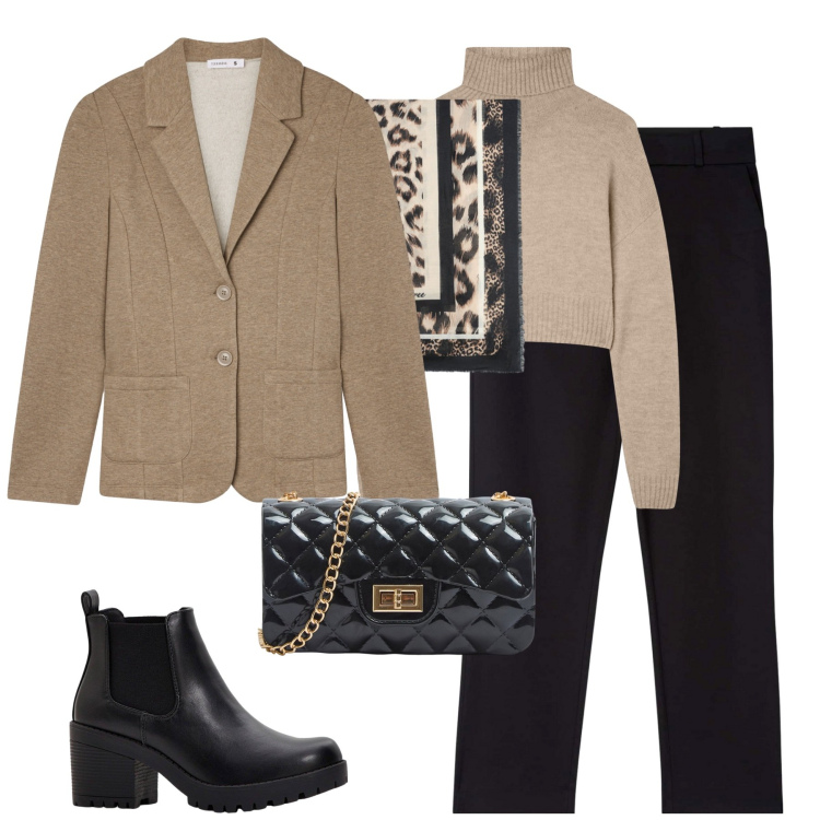Outfit donna - City. Stile Urban per Tutti i giorni. Abbinamento con stivaletti chelsea, blazer, maglieria, pantaloni chino, borse a tracolla, foulard.