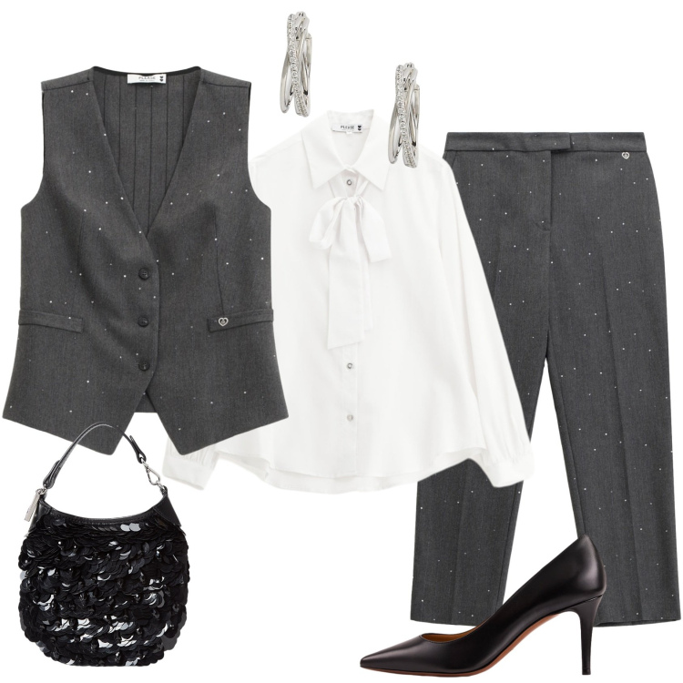 Outfit donna - Completo con brillantini. Stile Mannish per Cerimonia. Abbinamento con pantaloni, gilet, camicie, orecchini, décolleté, pochette.