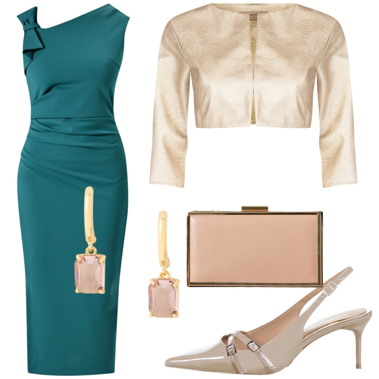 Outfit donna - Total look #2258817. Stile Glamour per Cerimonia. Abbinamento con vestiti a tubino, bolero, pochette, décolleté, orecchini.