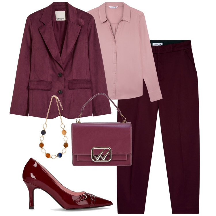 Outfit donna - City. Stile Urban per Tutti i giorni. Abbinamento con blazer, camicie, pantaloni chino, borse a tracolla, collane, décolleté.