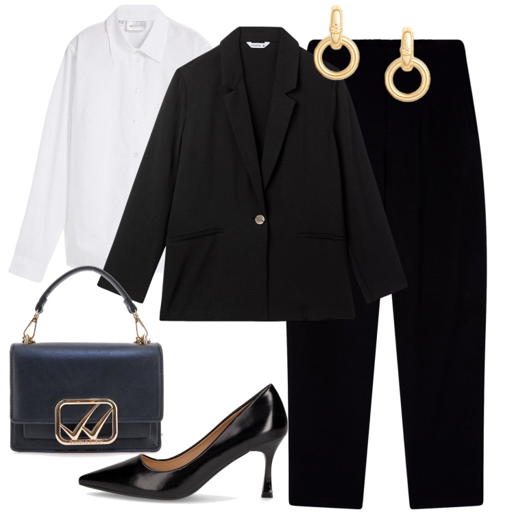 Outfit donna - Black. Stile Minimal per Tutti i giorni. Abbinamento con camicie, pantaloni chino, blazer, orecchini, décolleté, borse a tracolla.