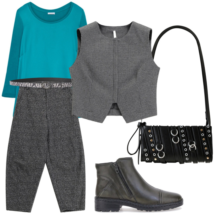 Outfit donna - Ottanio con grinta. Stile Mannish per Scuola/Università. Abbinamento con cinture, pantaloni, borse a spalla, gilet, stivaletti, bluse.