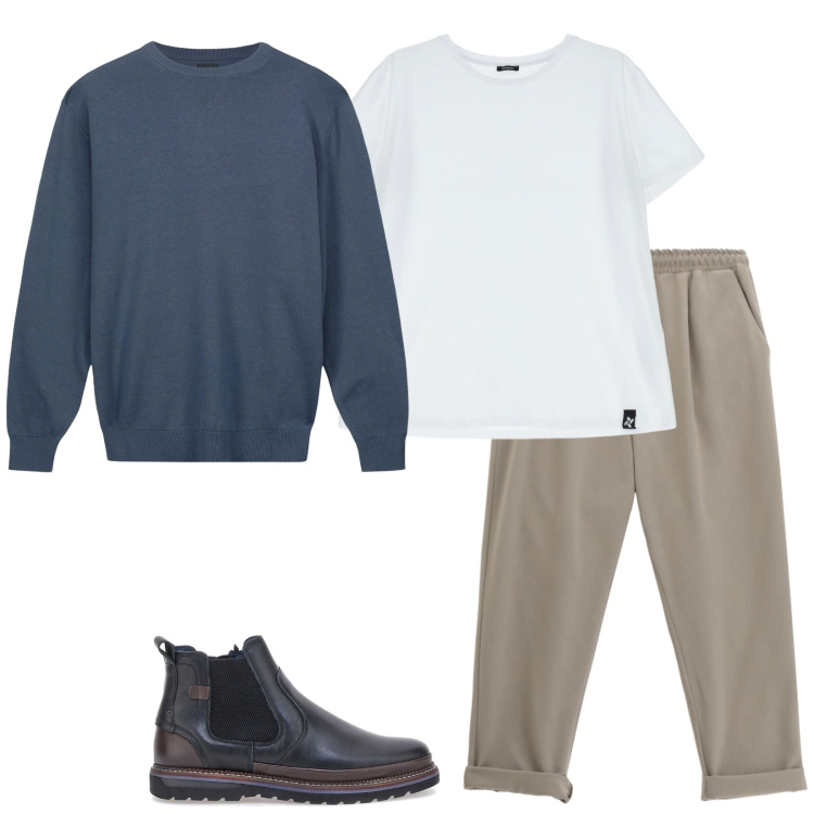 Outfit uomo - Easy. Stile Trendy per Serata speciale. Abbinamento con t-shirt, pantaloni, maglieria, stivali e stivaletti.