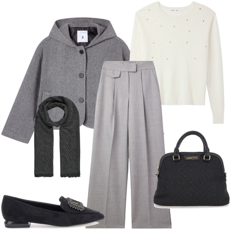 Outfit donna - Inizia il freddo. Stile Casual chic per Ufficio. Abbinamento con pantaloni, maglieria, caban, sciarpe, borse a spalla, mocassini.