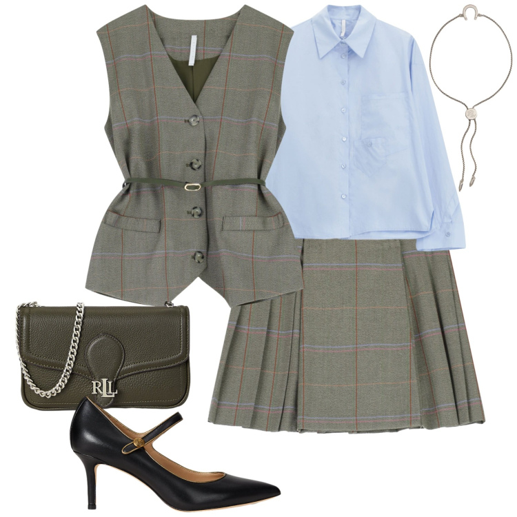 Outfit donna - City. Stile Trendy per Tutti i giorni. Abbinamento con gilet, minigonne, camicie, clutch, décolleté, braccialetti con ciondoli.