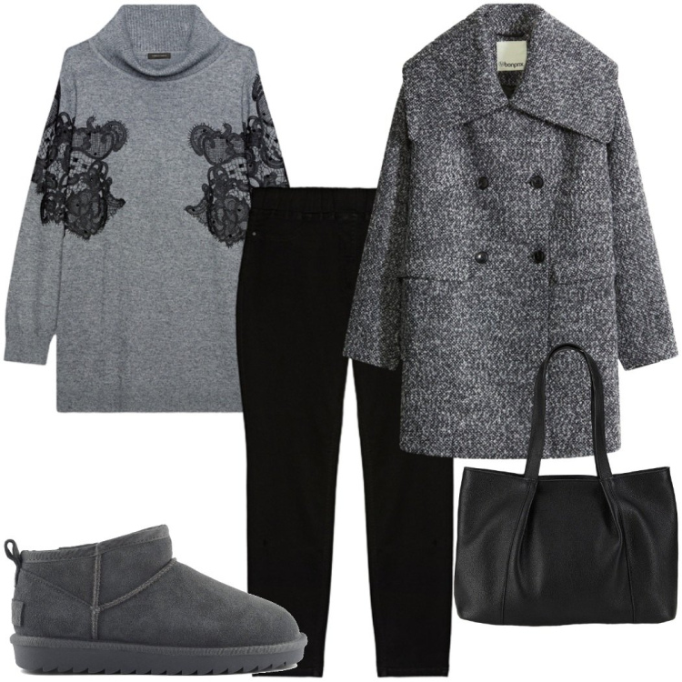 Outfit donna - Maglioni avvolgenti. Stile Urban per Tutti i giorni. Abbinamento con shopping bag, cappotti, jeggings, stivali, maglieria.