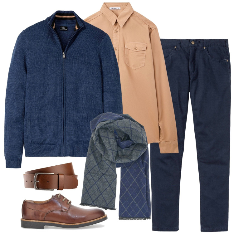 Outfit uomo - Perfetto in cardigan. Stile Casual per Ufficio. Abbinamento con pantaloni, cardigans, cinture, camicie, scarpe stringate, sciarpe.