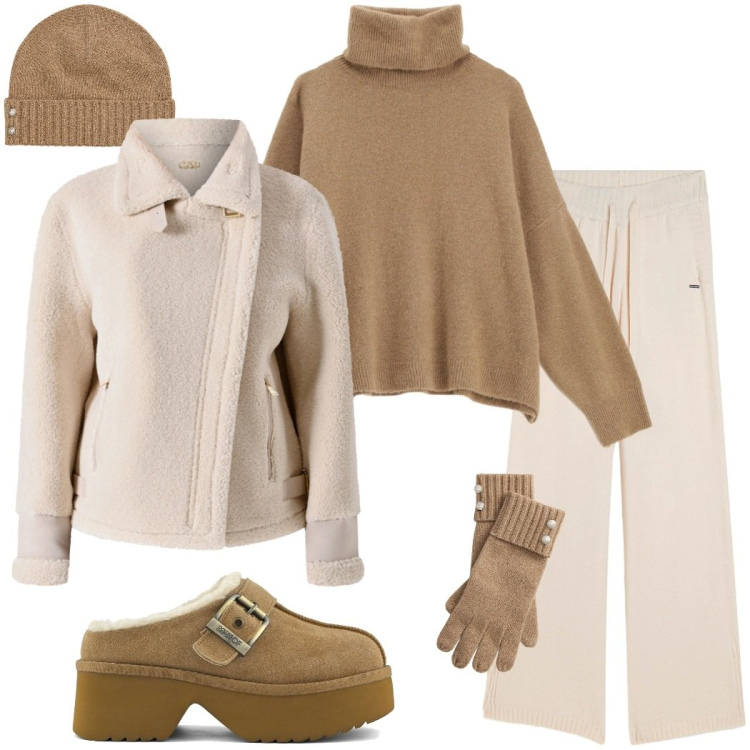 Outfit donna - Maglioni avvolgenti. Stile Glamour per Tutti i giorni. Abbinamento con ecopellicce, maglieria, pantaloni, guanti, berretti, sabot.