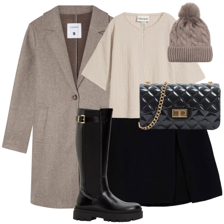 Outfit donna - Street style. Stile Urban per Tutti i giorni. Abbinamento con maglieria, stivali, minigonne, borse a tracolla, cappotti, berretti.