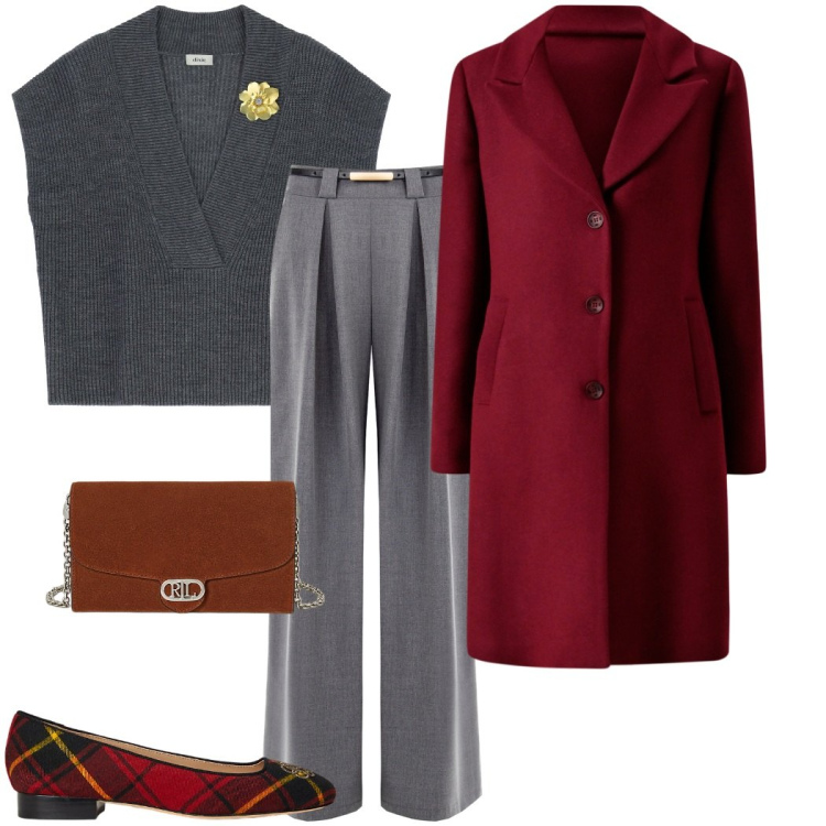 Outfit donna - Autunno in rosso. Stile Casual chic per Serata fuori. Abbinamento con pantaloni a palazzo, cappotti, maglieria, borse a tracolla, ballerine.