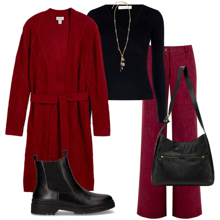 Outfit donna - Autunno in rosso. Stile Urban per Ufficio. Abbinamento con cardigans, borse a mano, pantaloni, maglieria, stivaletti chelsea, ciondoli.